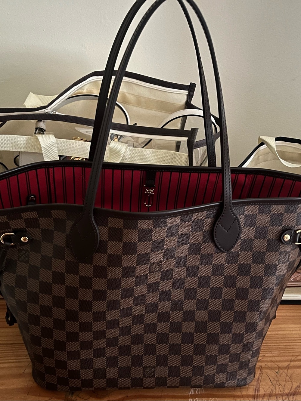 Louis Vuitton Damier Ebene Brown Tote with Red Stripe Interior